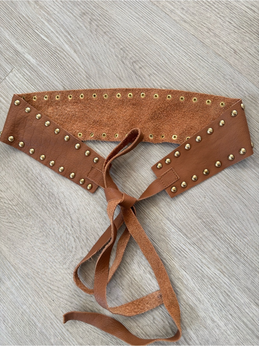 Women's Tan Suede & Leather Tie Belt with Gold Studs